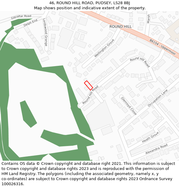 46, ROUND HILL ROAD, PUDSEY, LS28 8BJ: Location map and indicative extent of plot