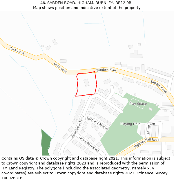 46, SABDEN ROAD, HIGHAM, BURNLEY, BB12 9BL: Location map and indicative extent of plot