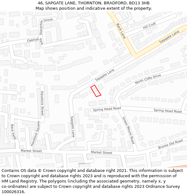 46, SAPGATE LANE, THORNTON, BRADFORD, BD13 3HB: Location map and indicative extent of plot