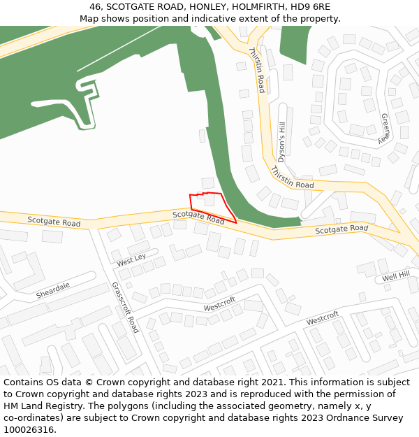 46, SCOTGATE ROAD, HONLEY, HOLMFIRTH, HD9 6RE: Location map and indicative extent of plot