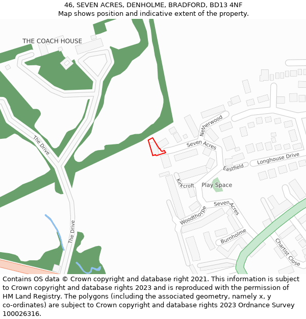 46, SEVEN ACRES, DENHOLME, BRADFORD, BD13 4NF: Location map and indicative extent of plot