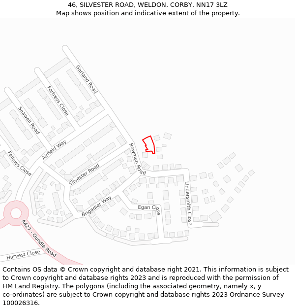 46, SILVESTER ROAD, WELDON, CORBY, NN17 3LZ: Location map and indicative extent of plot