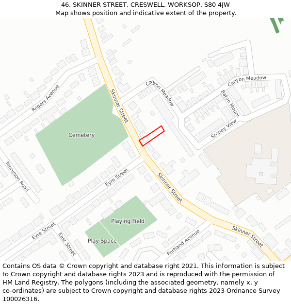 46, SKINNER STREET, CRESWELL, WORKSOP, S80 4JW: Location map and indicative extent of plot