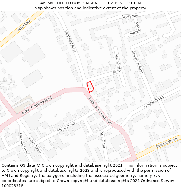 46, SMITHFIELD ROAD, MARKET DRAYTON, TF9 1EN: Location map and indicative extent of plot