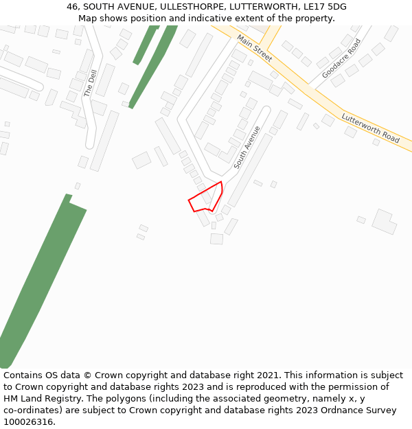 46, SOUTH AVENUE, ULLESTHORPE, LUTTERWORTH, LE17 5DG: Location map and indicative extent of plot