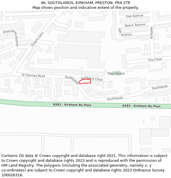 46, SOUTHLANDS, KIRKHAM, PRESTON, PR4 2TR: Location map and indicative extent of plot