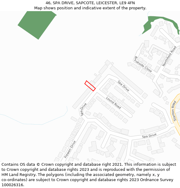 46, SPA DRIVE, SAPCOTE, LEICESTER, LE9 4FN: Location map and indicative extent of plot