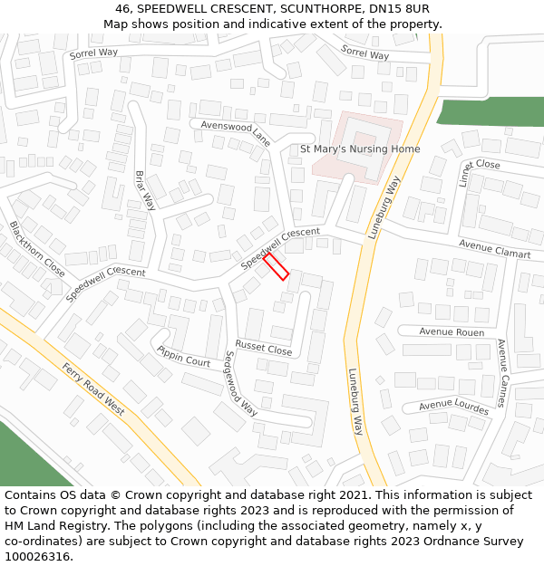 46, SPEEDWELL CRESCENT, SCUNTHORPE, DN15 8UR: Location map and indicative extent of plot