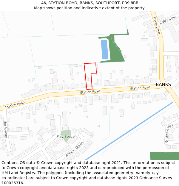 46, STATION ROAD, BANKS, SOUTHPORT, PR9 8BB: Location map and indicative extent of plot