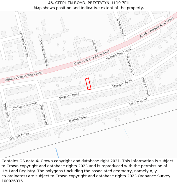 46, STEPHEN ROAD, PRESTATYN, LL19 7EH: Location map and indicative extent of plot