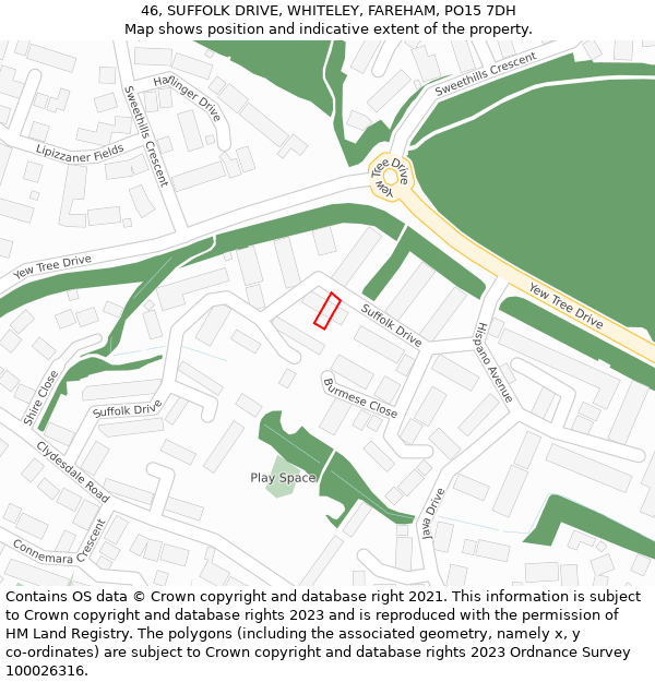 46, SUFFOLK DRIVE, WHITELEY, FAREHAM, PO15 7DH: Location map and indicative extent of plot