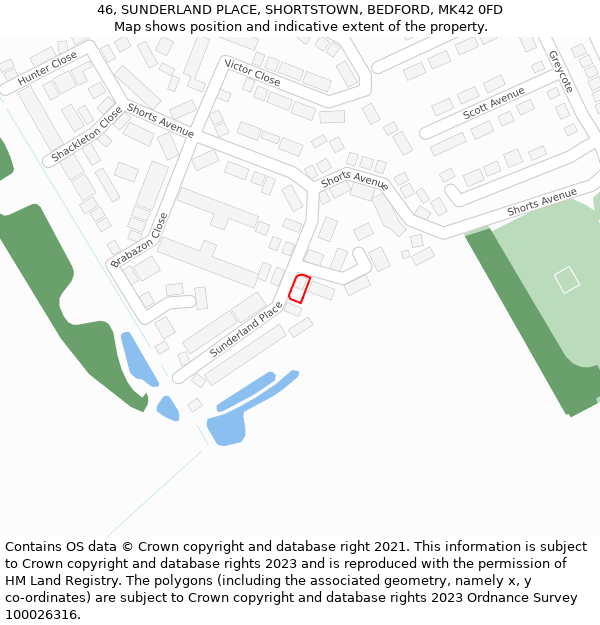 46, SUNDERLAND PLACE, SHORTSTOWN, BEDFORD, MK42 0FD: Location map and indicative extent of plot