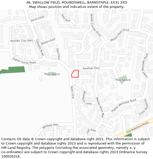 46, SWALLOW FIELD, ROUNDSWELL, BARNSTAPLE, EX31 3XD: Location map and indicative extent of plot