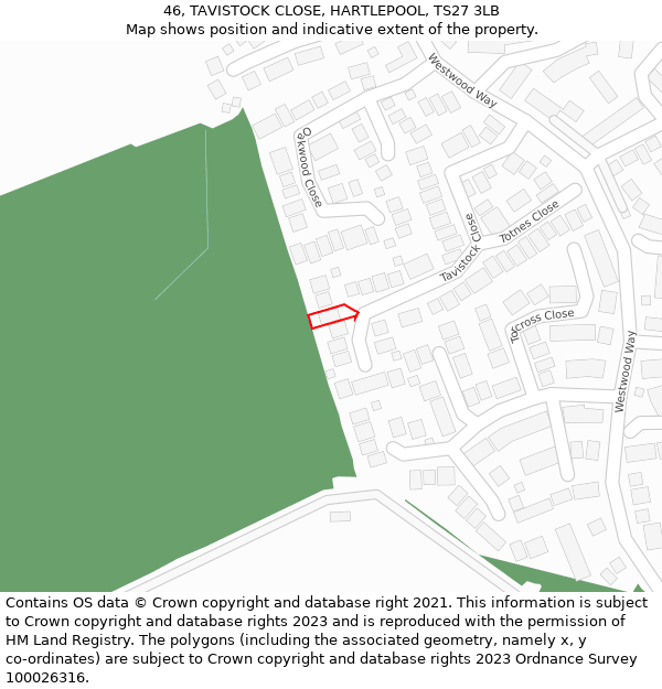 46, TAVISTOCK CLOSE, HARTLEPOOL, TS27 3LB: Location map and indicative extent of plot