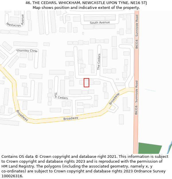 46, THE CEDARS, WHICKHAM, NEWCASTLE UPON TYNE, NE16 5TJ: Location map and indicative extent of plot