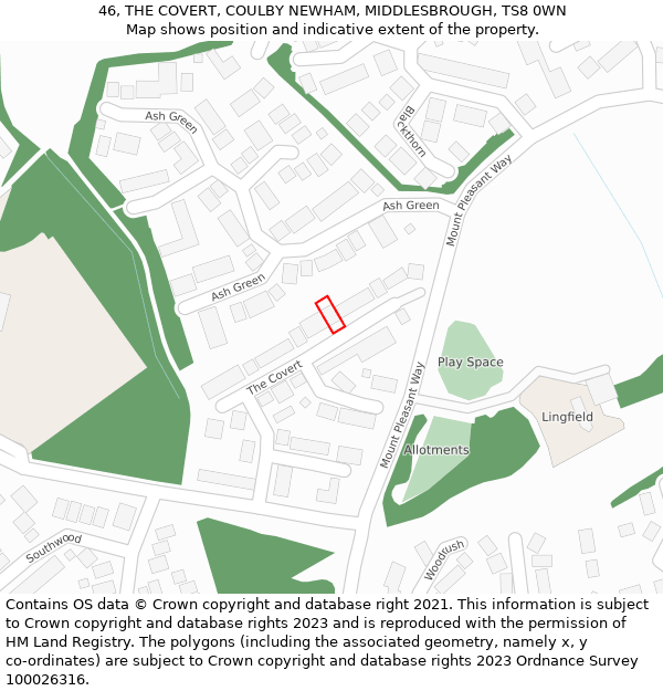 46, THE COVERT, COULBY NEWHAM, MIDDLESBROUGH, TS8 0WN: Location map and indicative extent of plot