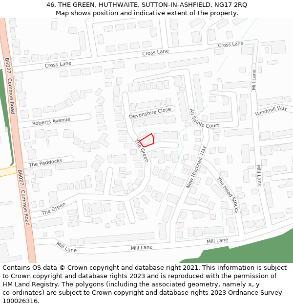 46, THE GREEN, HUTHWAITE, SUTTON-IN-ASHFIELD, NG17 2RQ: Location map and indicative extent of plot