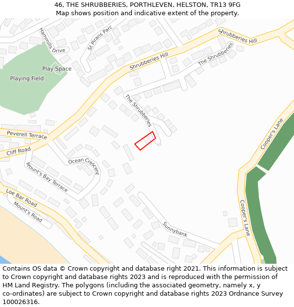 46, THE SHRUBBERIES, PORTHLEVEN, HELSTON, TR13 9FG: Location map and indicative extent of plot