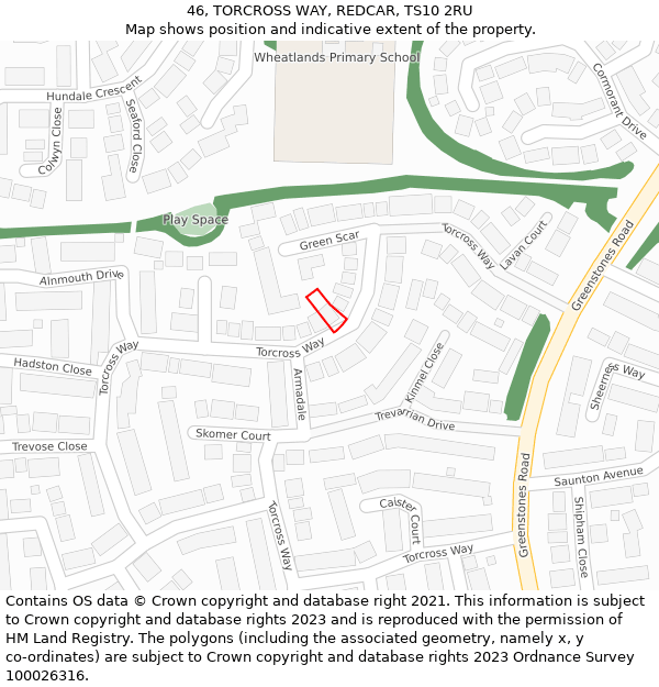 46, TORCROSS WAY, REDCAR, TS10 2RU: Location map and indicative extent of plot