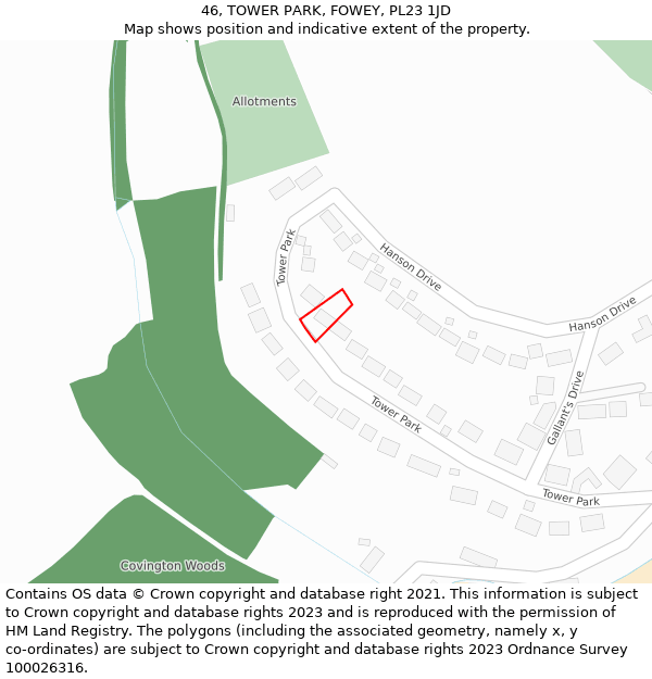 46, TOWER PARK, FOWEY, PL23 1JD: Location map and indicative extent of plot