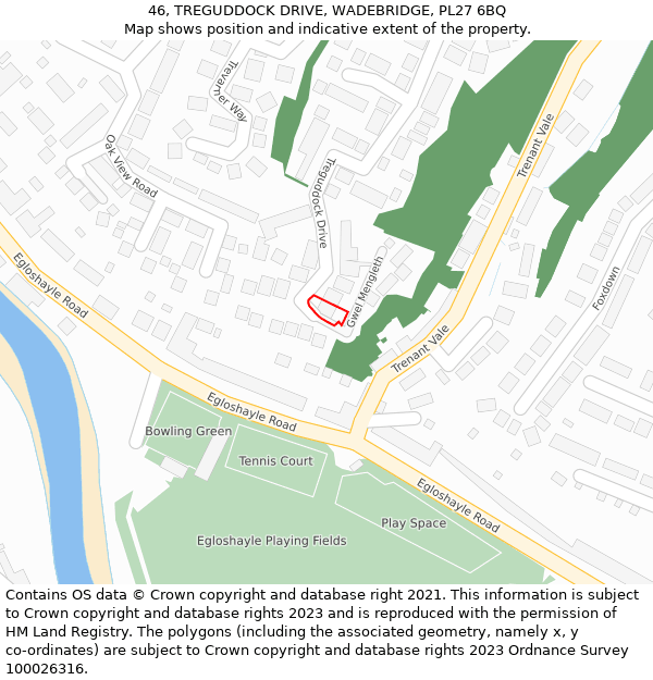 46, TREGUDDOCK DRIVE, WADEBRIDGE, PL27 6BQ: Location map and indicative extent of plot