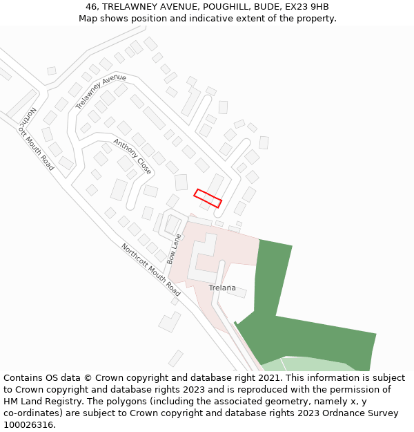 46, TRELAWNEY AVENUE, POUGHILL, BUDE, EX23 9HB: Location map and indicative extent of plot