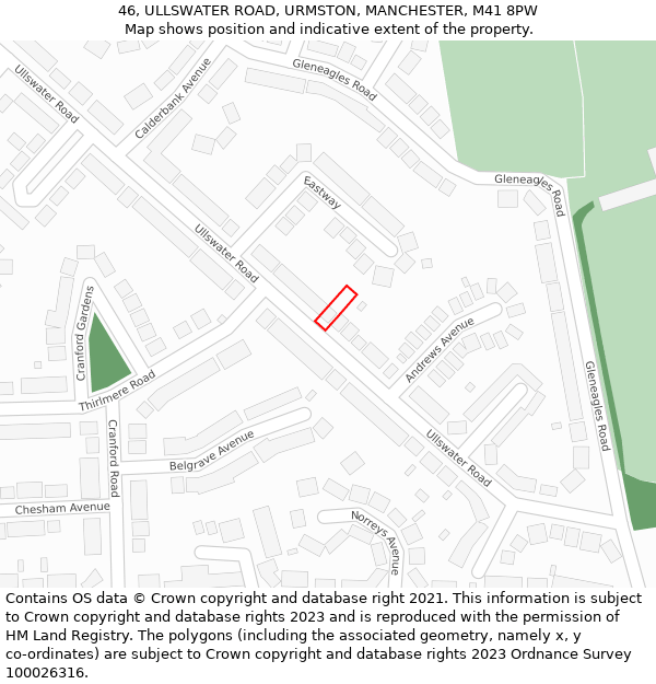 46, ULLSWATER ROAD, URMSTON, MANCHESTER, M41 8PW: Location map and indicative extent of plot