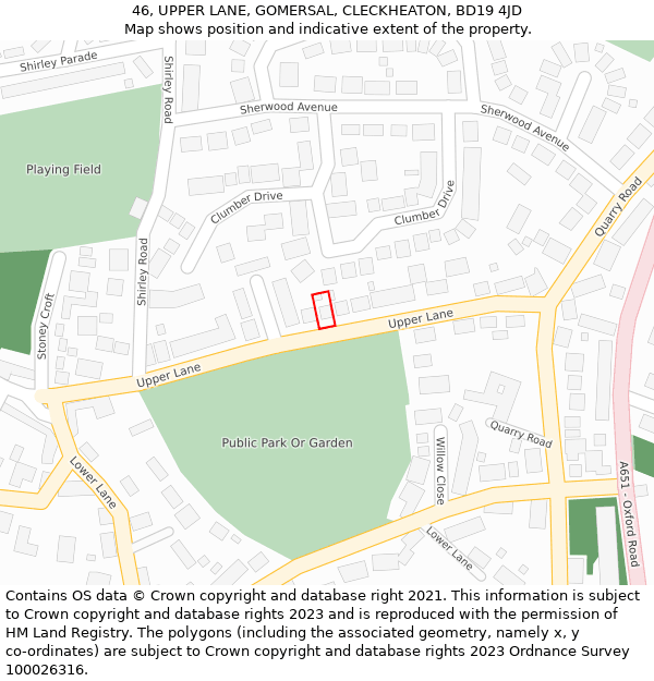 46, UPPER LANE, GOMERSAL, CLECKHEATON, BD19 4JD: Location map and indicative extent of plot