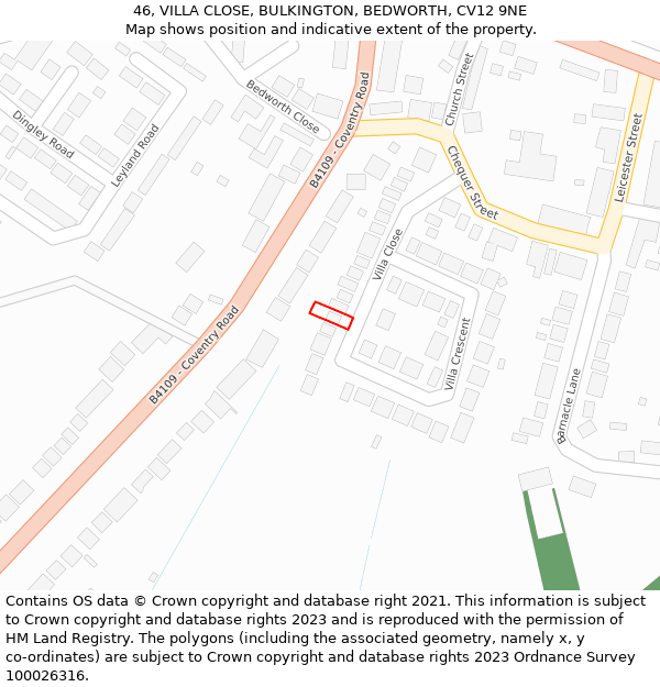 46, VILLA CLOSE, BULKINGTON, BEDWORTH, CV12 9NE: Location map and indicative extent of plot