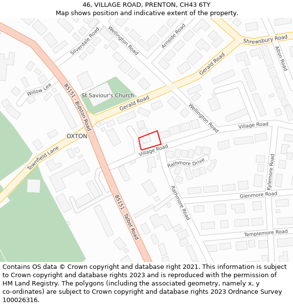 46, VILLAGE ROAD, PRENTON, CH43 6TY: Location map and indicative extent of plot