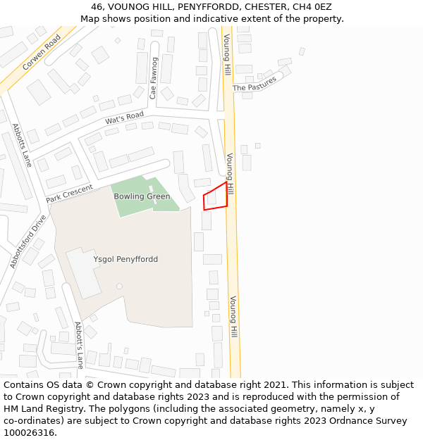 46, VOUNOG HILL, PENYFFORDD, CHESTER, CH4 0EZ: Location map and indicative extent of plot