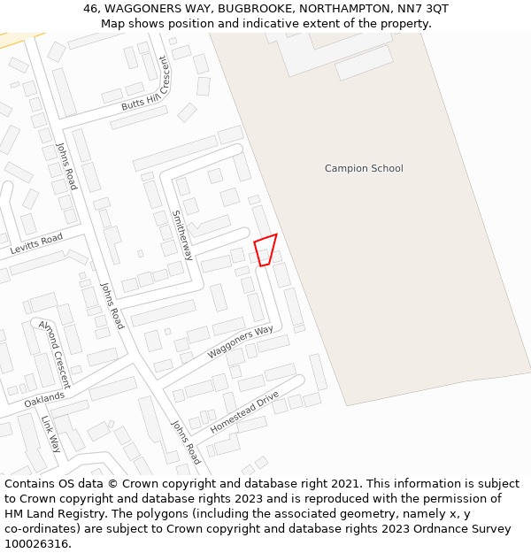 46, WAGGONERS WAY, BUGBROOKE, NORTHAMPTON, NN7 3QT: Location map and indicative extent of plot