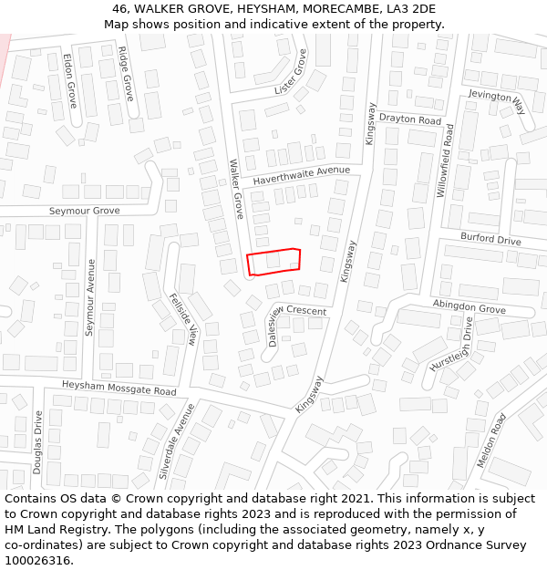 46, WALKER GROVE, HEYSHAM, MORECAMBE, LA3 2DE: Location map and indicative extent of plot