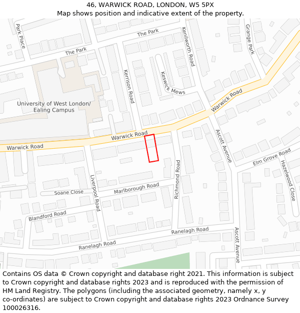 46, WARWICK ROAD, LONDON, W5 5PX: Location map and indicative extent of plot