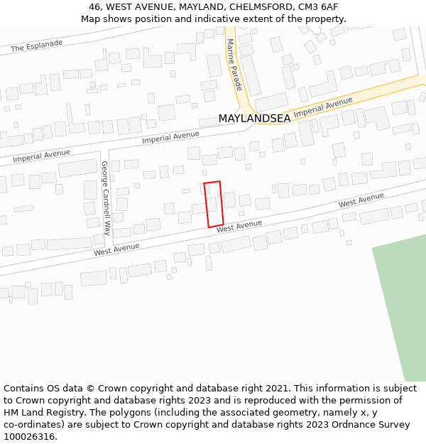 46, WEST AVENUE, MAYLAND, CHELMSFORD, CM3 6AF: Location map and indicative extent of plot