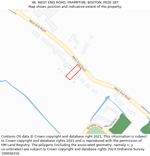 46, WEST END ROAD, FRAMPTON, BOSTON, PE20 1BT: Location map and indicative extent of plot