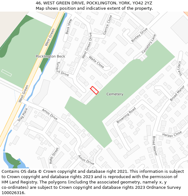 46, WEST GREEN DRIVE, POCKLINGTON, YORK, YO42 2YZ: Location map and indicative extent of plot