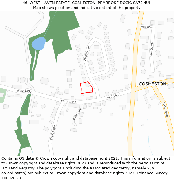 46, WEST HAVEN ESTATE, COSHESTON, PEMBROKE DOCK, SA72 4UL: Location map and indicative extent of plot