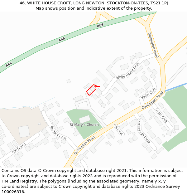 46, WHITE HOUSE CROFT, LONG NEWTON, STOCKTON-ON-TEES, TS21 1PJ: Location map and indicative extent of plot