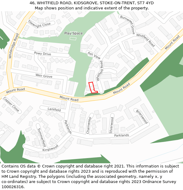 46, WHITFIELD ROAD, KIDSGROVE, STOKE-ON-TRENT, ST7 4YD: Location map and indicative extent of plot