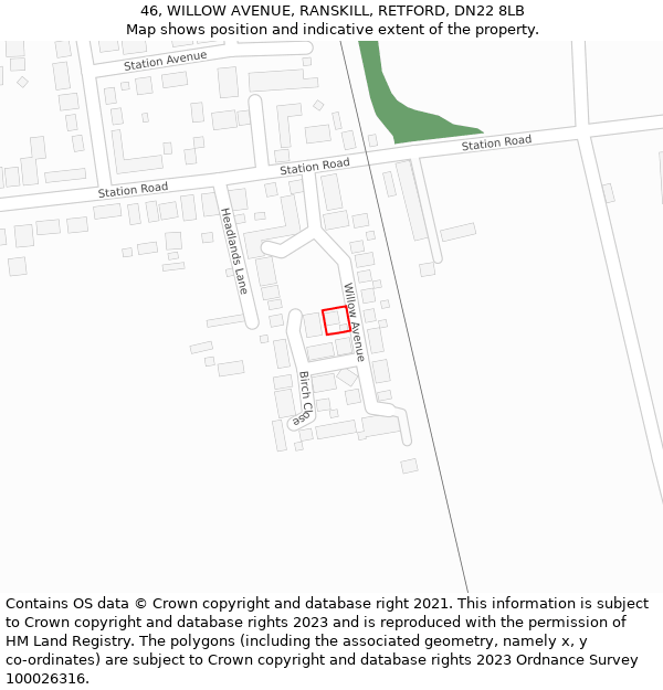 46, WILLOW AVENUE, RANSKILL, RETFORD, DN22 8LB: Location map and indicative extent of plot
