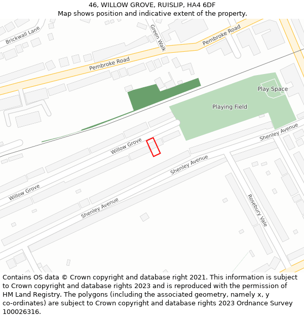 46, WILLOW GROVE, RUISLIP, HA4 6DF: Location map and indicative extent of plot