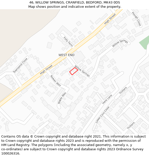 46, WILLOW SPRINGS, CRANFIELD, BEDFORD, MK43 0DS: Location map and indicative extent of plot