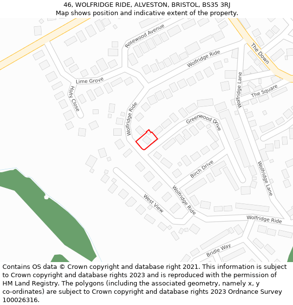 46, WOLFRIDGE RIDE, ALVESTON, BRISTOL, BS35 3RJ: Location map and indicative extent of plot