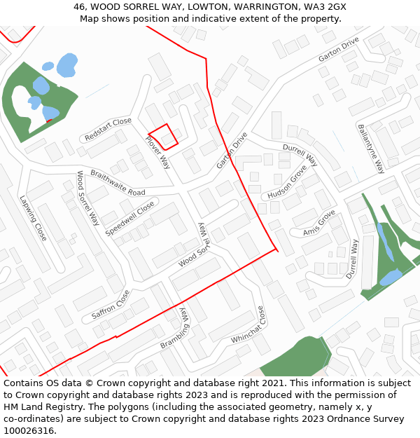 46, WOOD SORREL WAY, LOWTON, WARRINGTON, WA3 2GX: Location map and indicative extent of plot