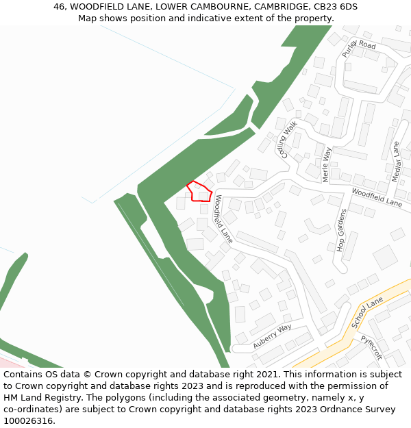 46, WOODFIELD LANE, LOWER CAMBOURNE, CAMBRIDGE, CB23 6DS: Location map and indicative extent of plot