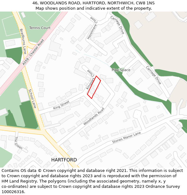 46, WOODLANDS ROAD, HARTFORD, NORTHWICH, CW8 1NS: Location map and indicative extent of plot