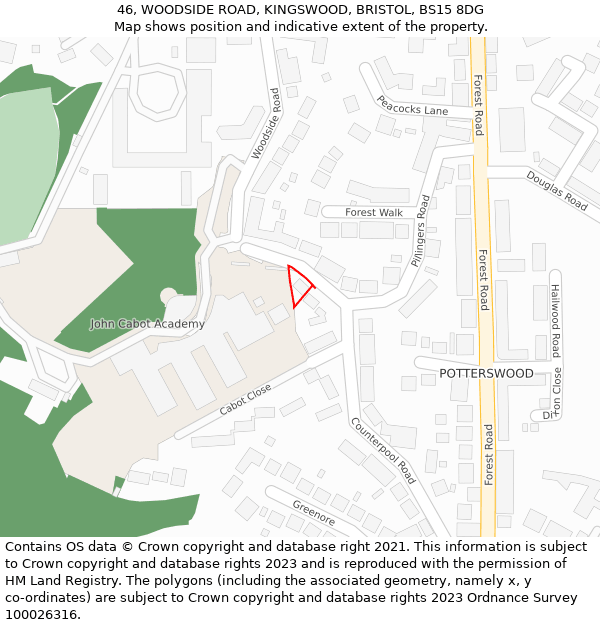 46, WOODSIDE ROAD, KINGSWOOD, BRISTOL, BS15 8DG: Location map and indicative extent of plot