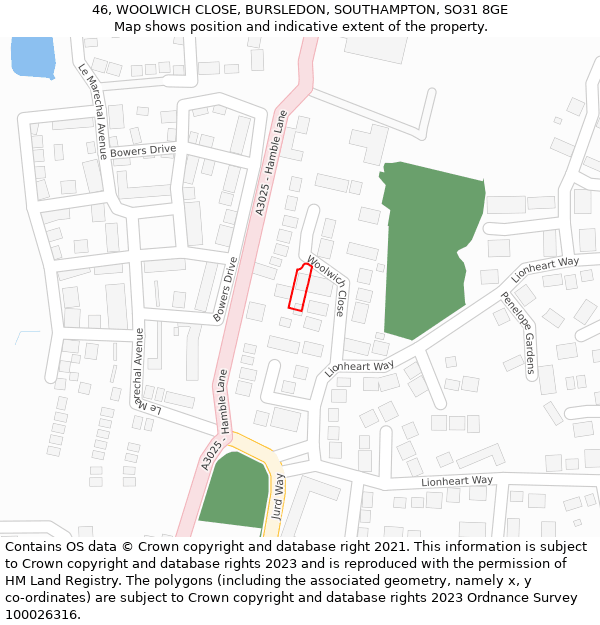 46, WOOLWICH CLOSE, BURSLEDON, SOUTHAMPTON, SO31 8GE: Location map and indicative extent of plot