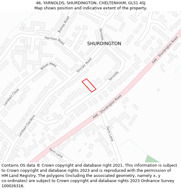 46, YARNOLDS, SHURDINGTON, CHELTENHAM, GL51 4SJ: Location map and indicative extent of plot